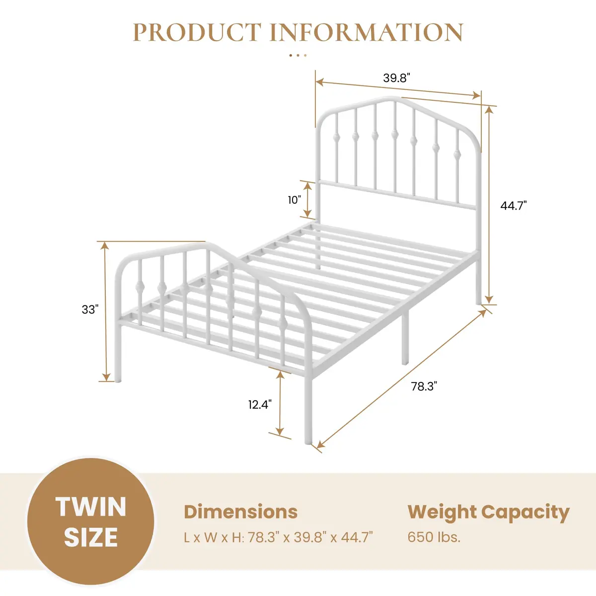 SHA CERLIN Twin Size Metal Bed Frame with Victorian Wrought Iron Headboard, White | Noise-Free Support & Underbed Storage - view 6