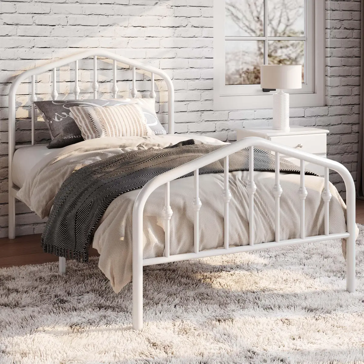 SHA CERLIN Twin Size Metal Bed Frame with Victorian Wrought Iron Headboard, White | Noise-Free Support & Underbed Storage - view 2