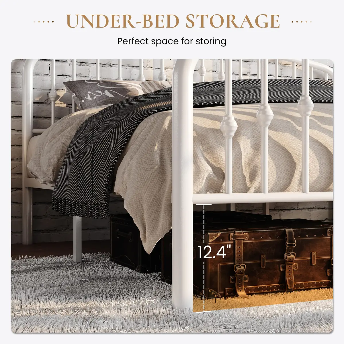 SHA CERLIN Twin Size Metal Bed Frame with Victorian Wrought Iron Headboard, White | Noise-Free Support & Underbed Storage - view 4