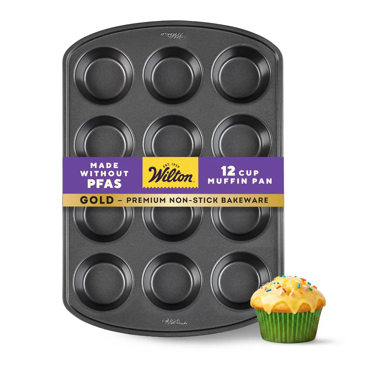 Wilton Muffin Pan 12-Cup Non-Stick Baking Pan for Muffins & Cupcakes | Even Heat & PFAS-Free (70-120c) - main product image
