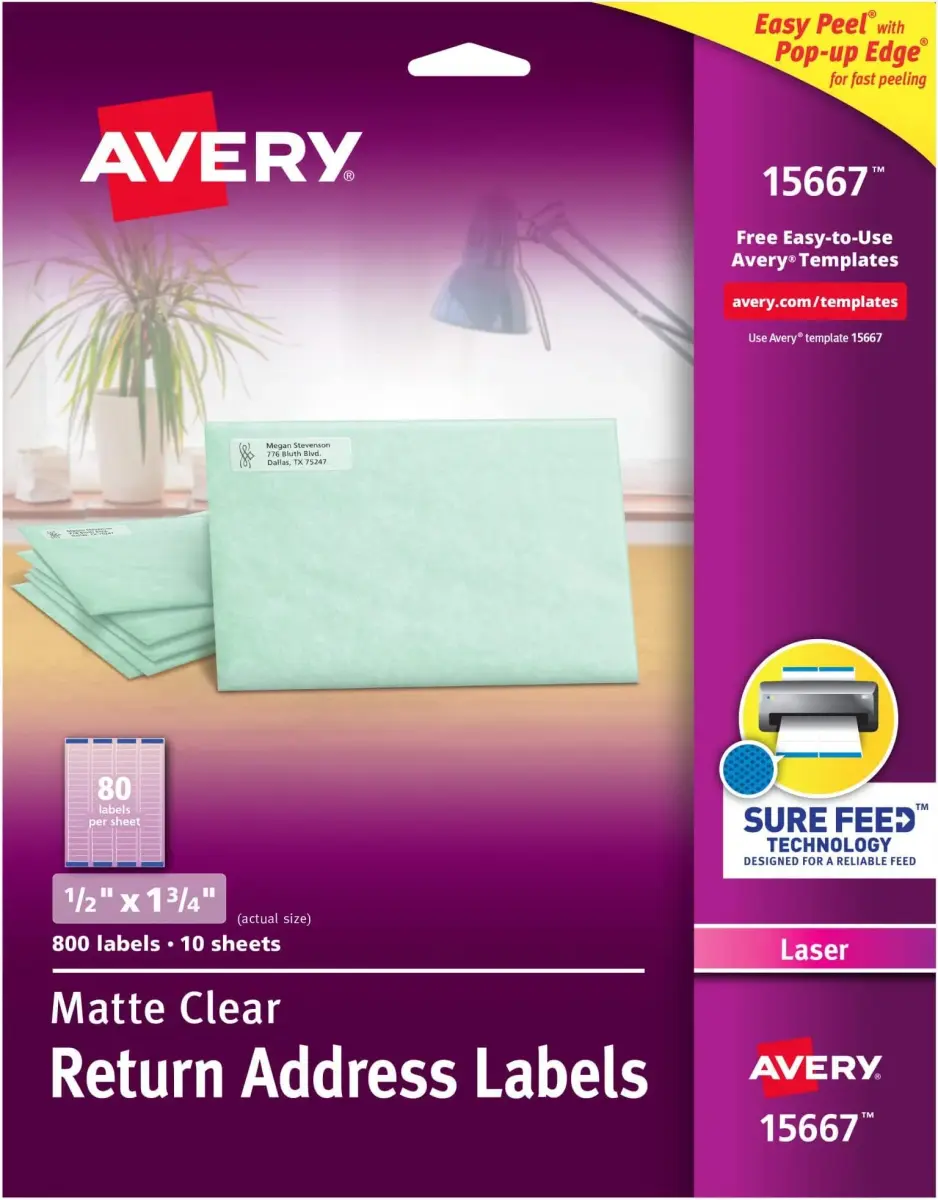 Avery Matte Clear Return Address Labels 0.5" x 1.75" (Pack of 5, 800 Labels Total) | Sure Feed Technology for Laser Printers - main product image