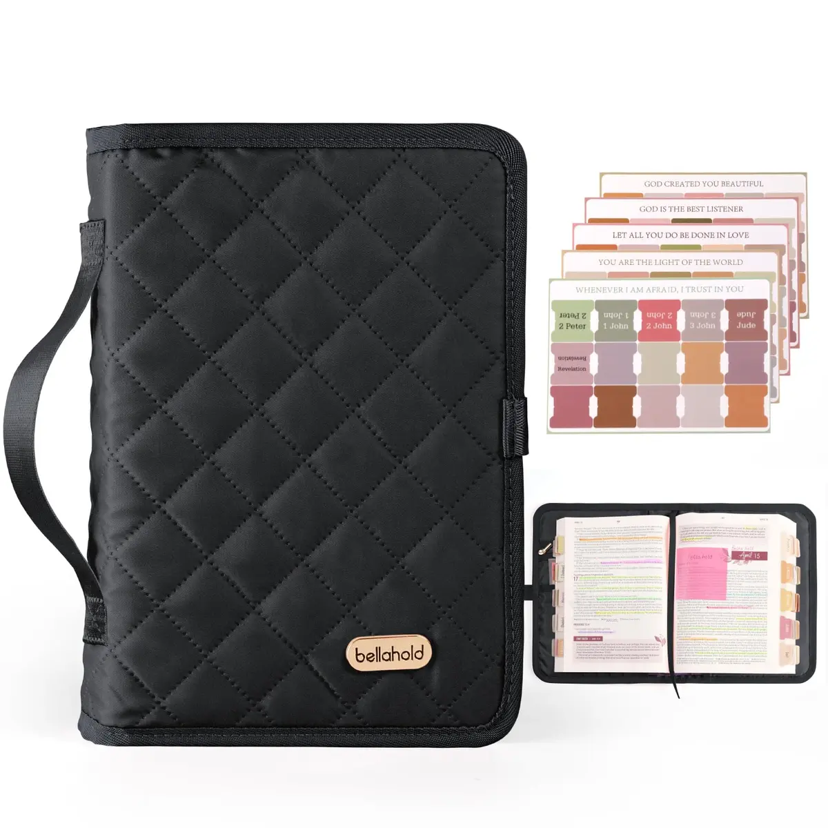 BellaHold Adjustable Bible Cover with 75 Bible Tabs - Black XS | Waterproof Quilted Fabric Case - main product image
