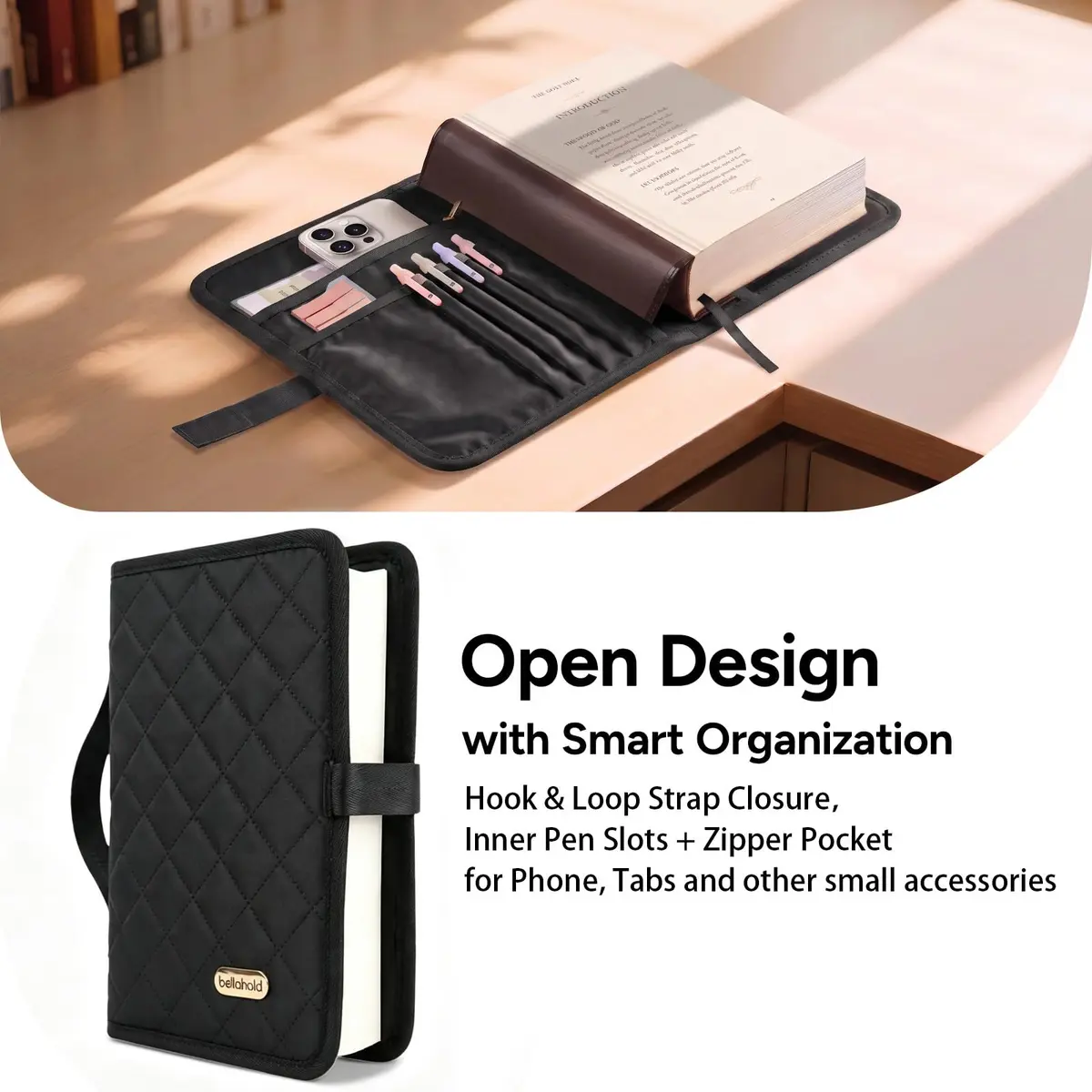 BellaHold Adjustable Bible Cover with 75 Bible Tabs - Black XS | Waterproof Quilted Fabric Case - view 3
