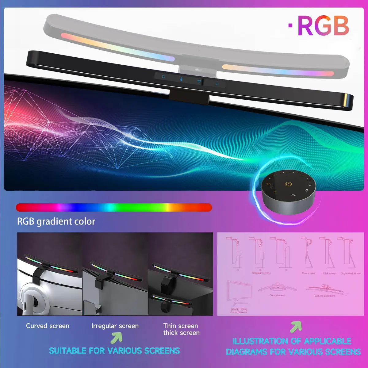 ONWAY Curved Monitor Light Bar with RGB Backlight, Wireless Remote Control, 17.91 inch (45.5 cm) | Eye-Care Lamp for Gaming & Office - view 3