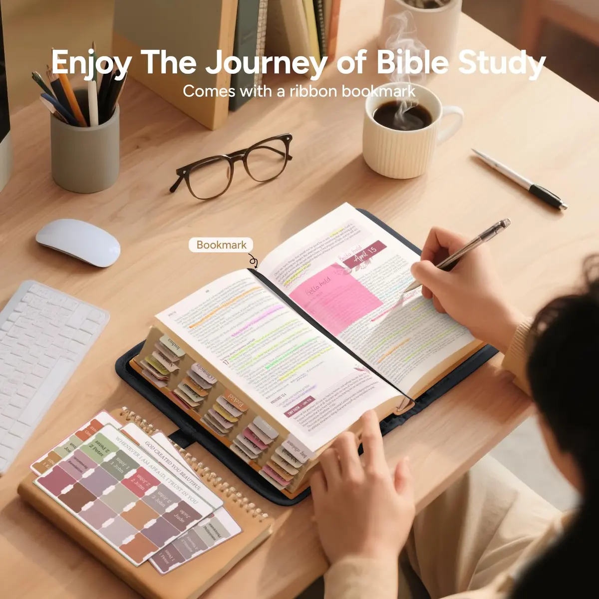 BellaHold Adjustable Bible Cover with 75 Bible Tabs - Black L Size | Waterproof Quilted Fabric for Study - view 6
