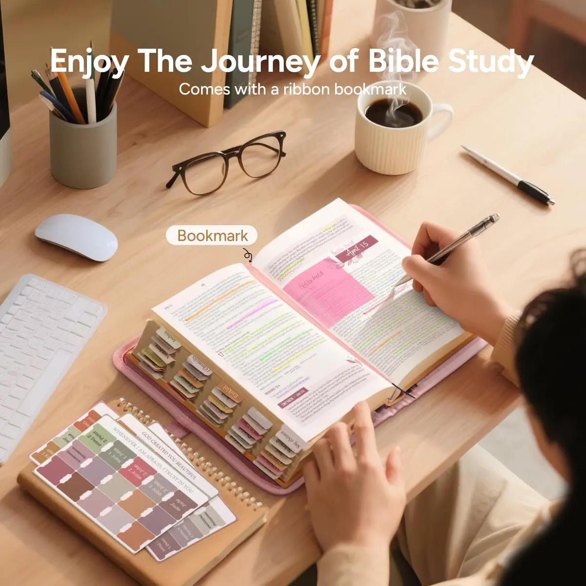 BellaHold Adjustable Bible Cover Case for Women M (9.6" H x 7" W x 2.2" Spine) | Waterproof Quilted Pink Fabric with 75 Bible Tabs - view 6