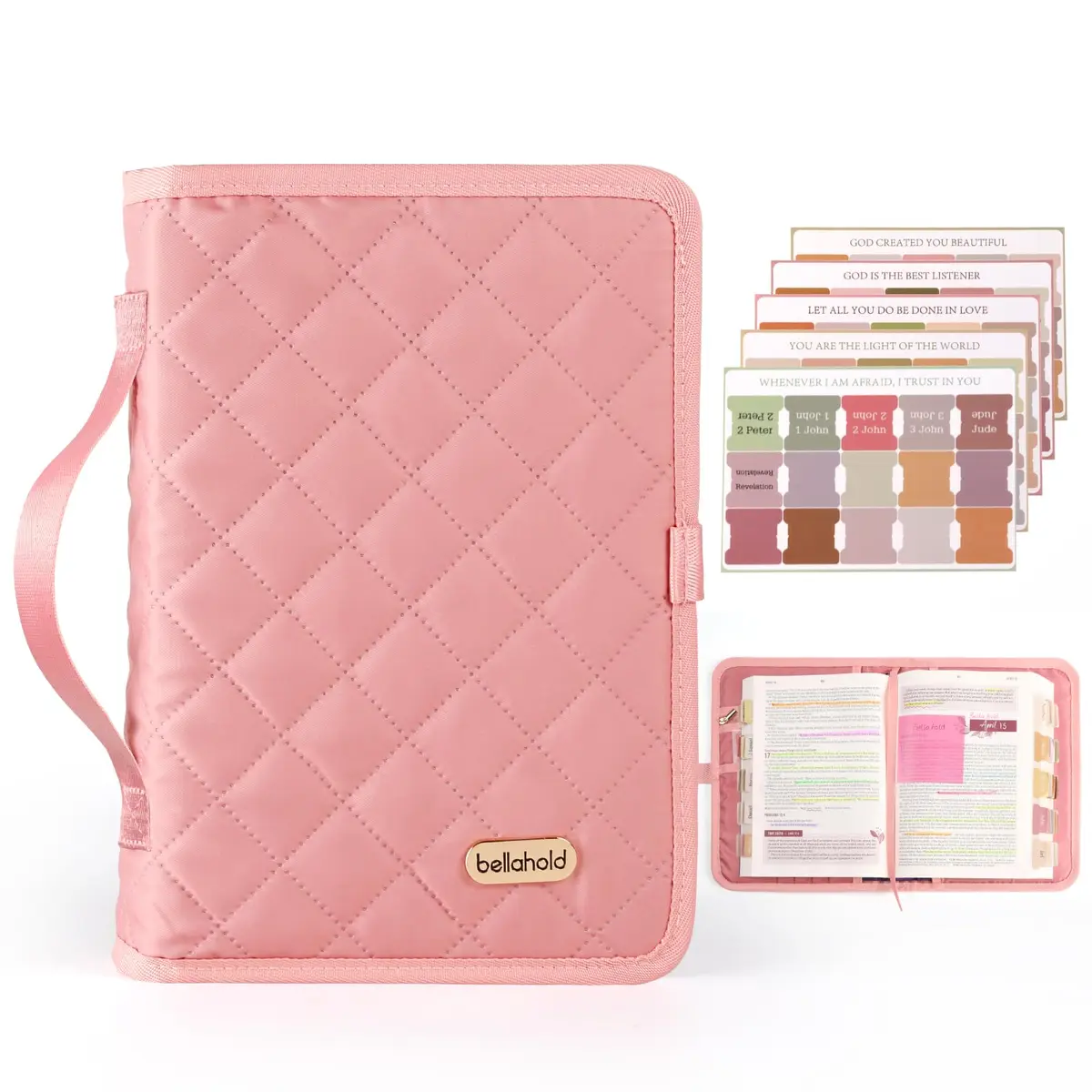 BellaHold Adjustable Bible Cover Case for Women M (9.6" H x 7" W x 2.2" Spine) | Waterproof Quilted Pink Fabric with 75 Bible Tabs - main product image