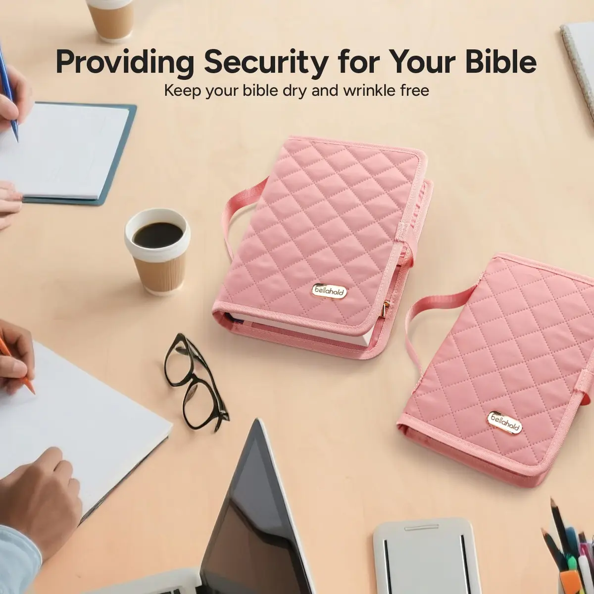 BellaHold Adjustable Bible Cover Case for Women M (9.6" H x 7" W x 2.2" Spine) | Waterproof Quilted Pink Fabric with 75 Bible Tabs - view 7