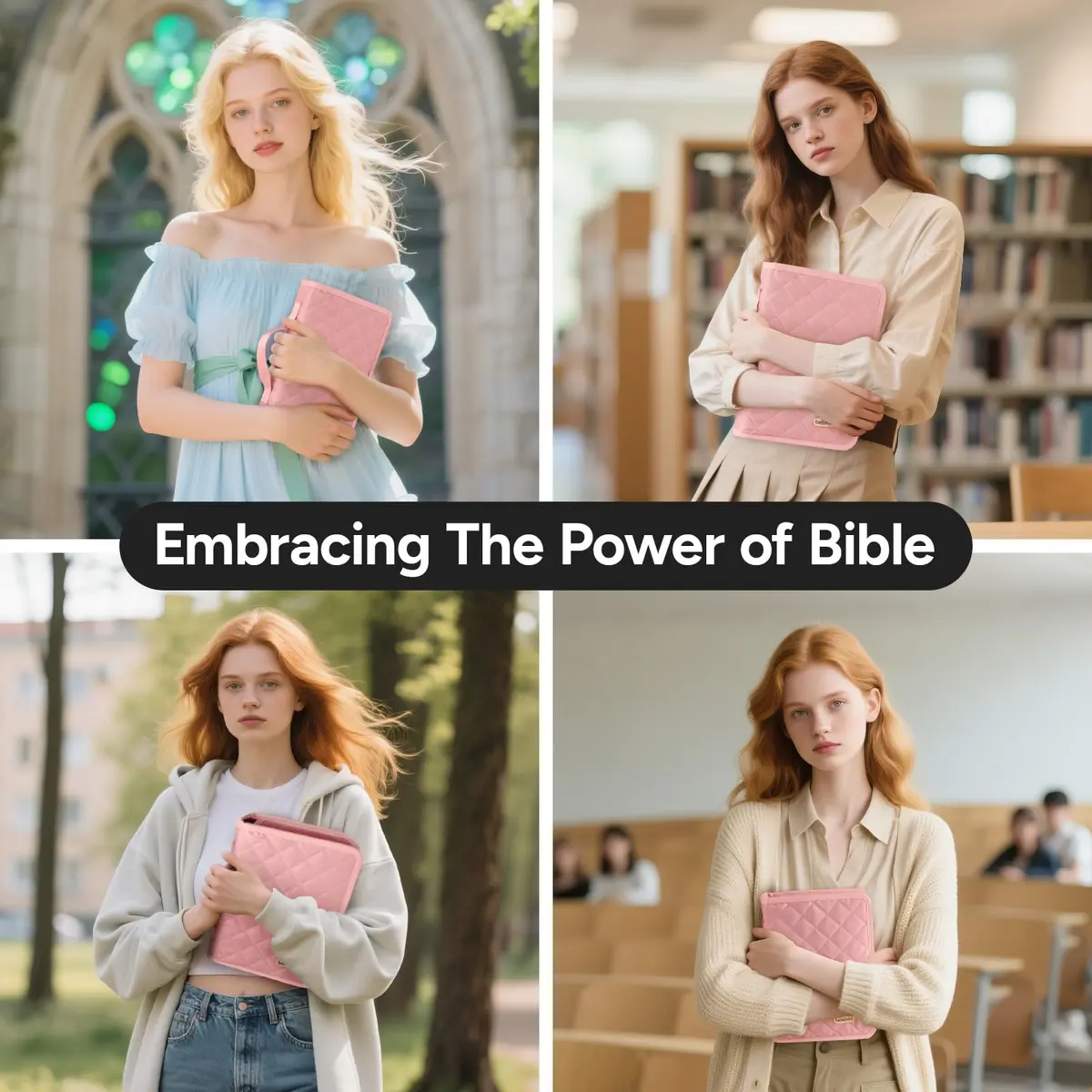BellaHold Adjustable Bible Cover Case for Women M (9.6" H x 7" W x 2.2" Spine) | Waterproof Quilted Pink Fabric with 75 Bible Tabs - view 8