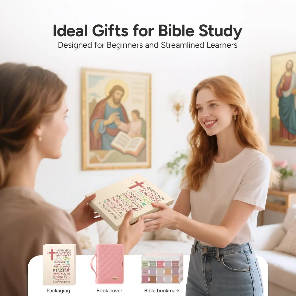 BellaHold Adjustable Bible Cover Case for Women M (9.6" H x 7" W x 2.2" Spine) | Waterproof Quilted Pink Fabric with 75 Bible Tabs - view 9