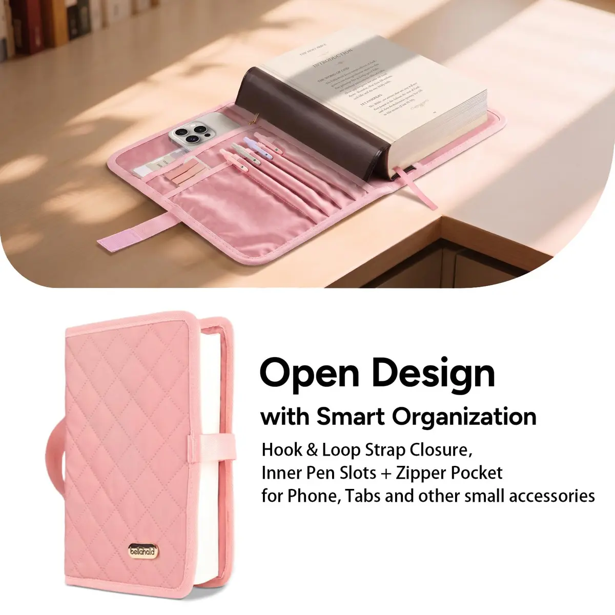 BellaHold Adjustable Bible Cover Case for Women M (9.6" H x 7" W x 2.2" Spine) | Waterproof Quilted Pink Fabric with 75 Bible Tabs - view 3
