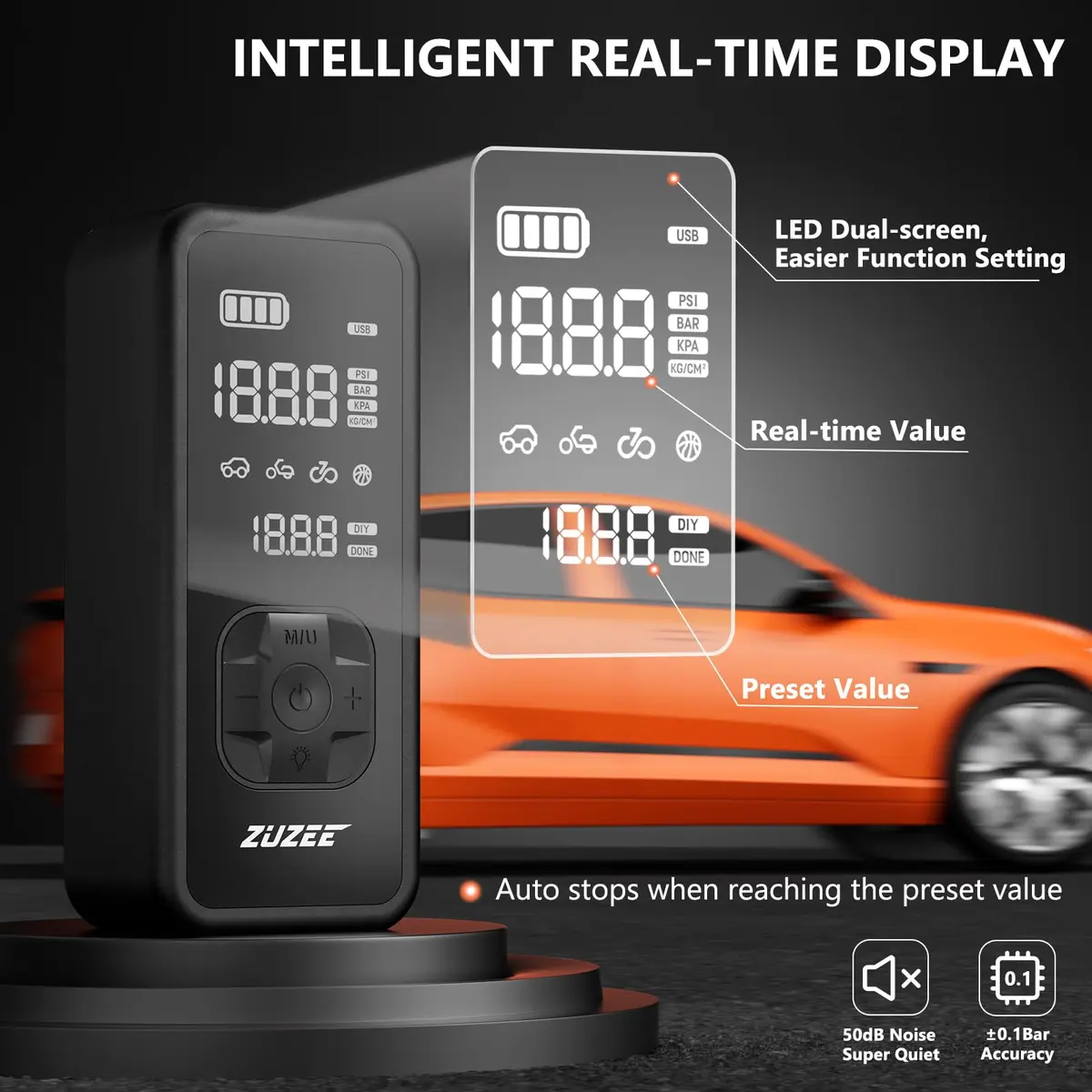 ZUZEE Portable Tire Inflator Air Compressor 150PSI | 4X Faster Inflation, Digital Pressure Gauge, LED Light - view 5