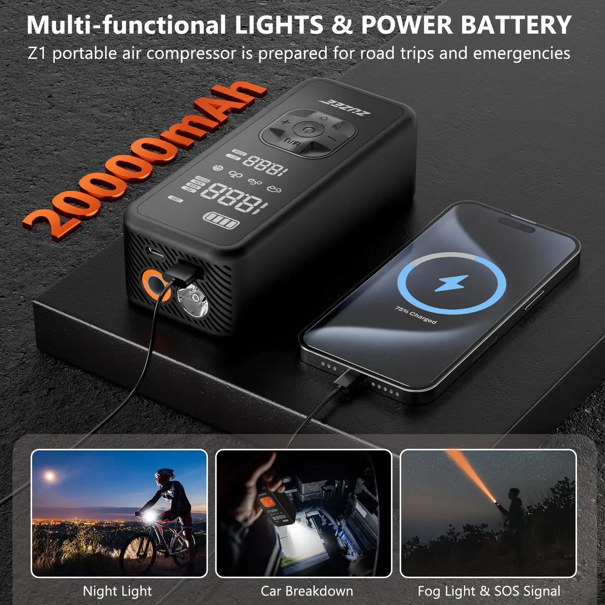 ZUZEE Portable Tire Inflator Air Compressor 150PSI | 4X Faster Inflation, Digital Pressure Gauge, LED Light - view 6