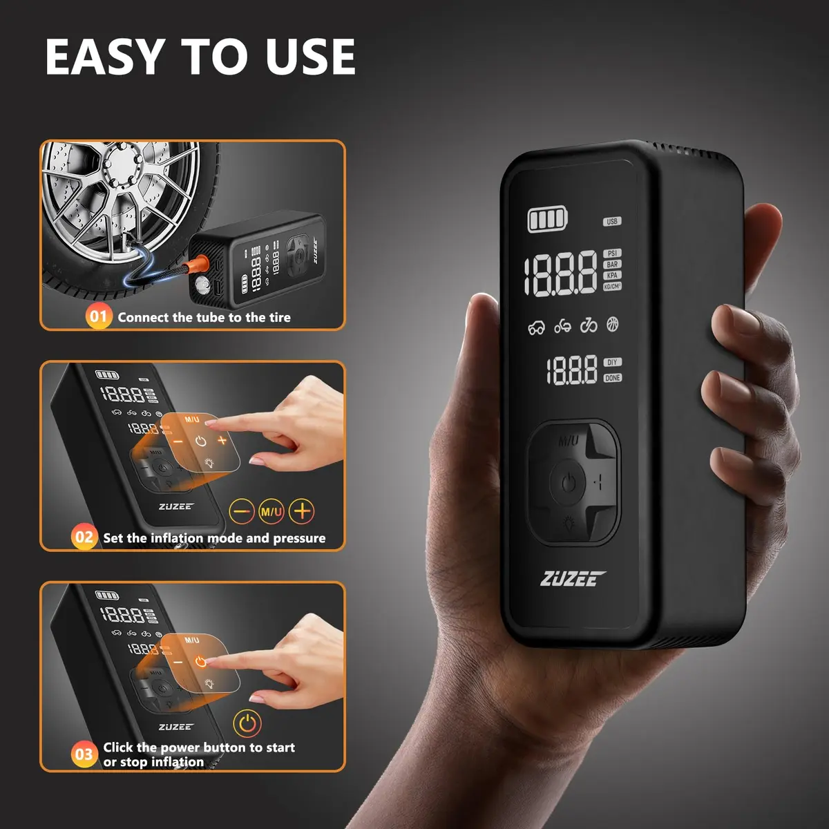 ZUZEE Portable Tire Inflator Air Compressor 150PSI | 4X Faster Inflation, Digital Pressure Gauge, LED Light - view 8