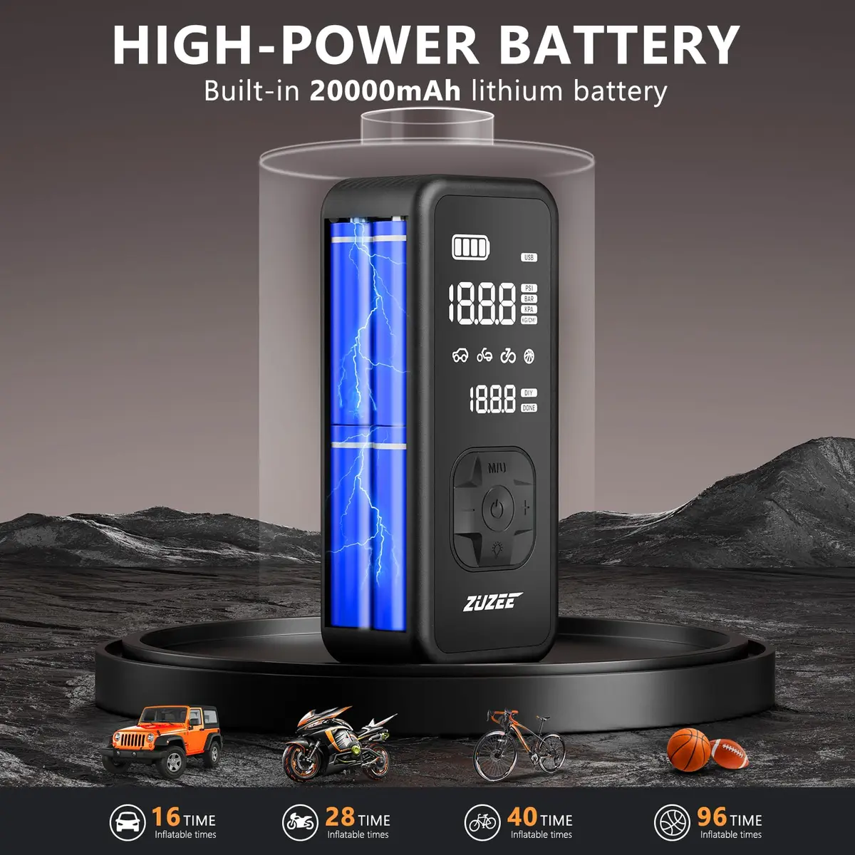 ZUZEE Portable Tire Inflator Air Compressor 150PSI | 4X Faster Inflation, Digital Pressure Gauge, LED Light - view 3