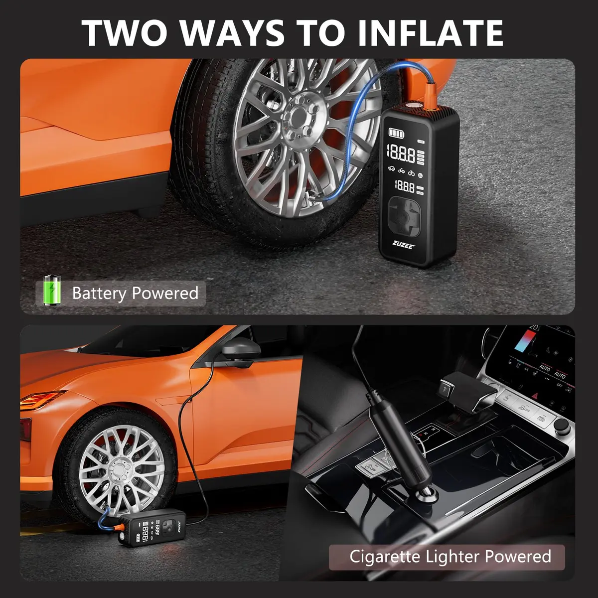 ZUZEE Portable Tire Inflator Air Compressor 150PSI | 4X Faster Inflation, Digital Pressure Gauge, LED Light - view 4