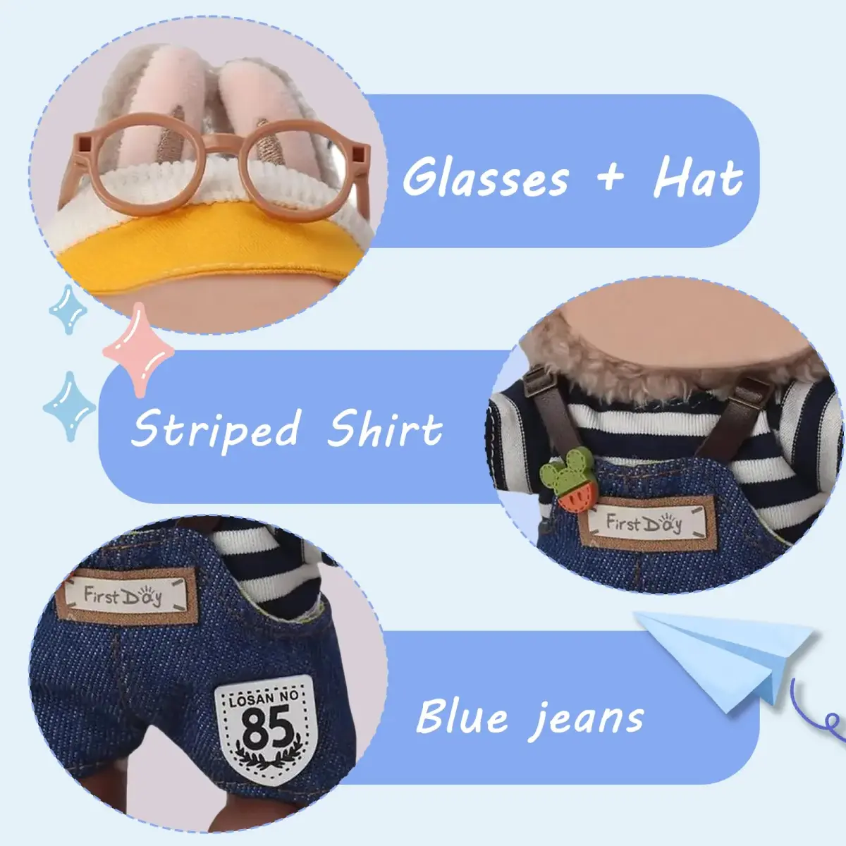 Eyancotoi 17cm Doll Clothes Set with Hat, Glasses, Top, Pants & Shoes | Style 1 (1-Pack) - view 2