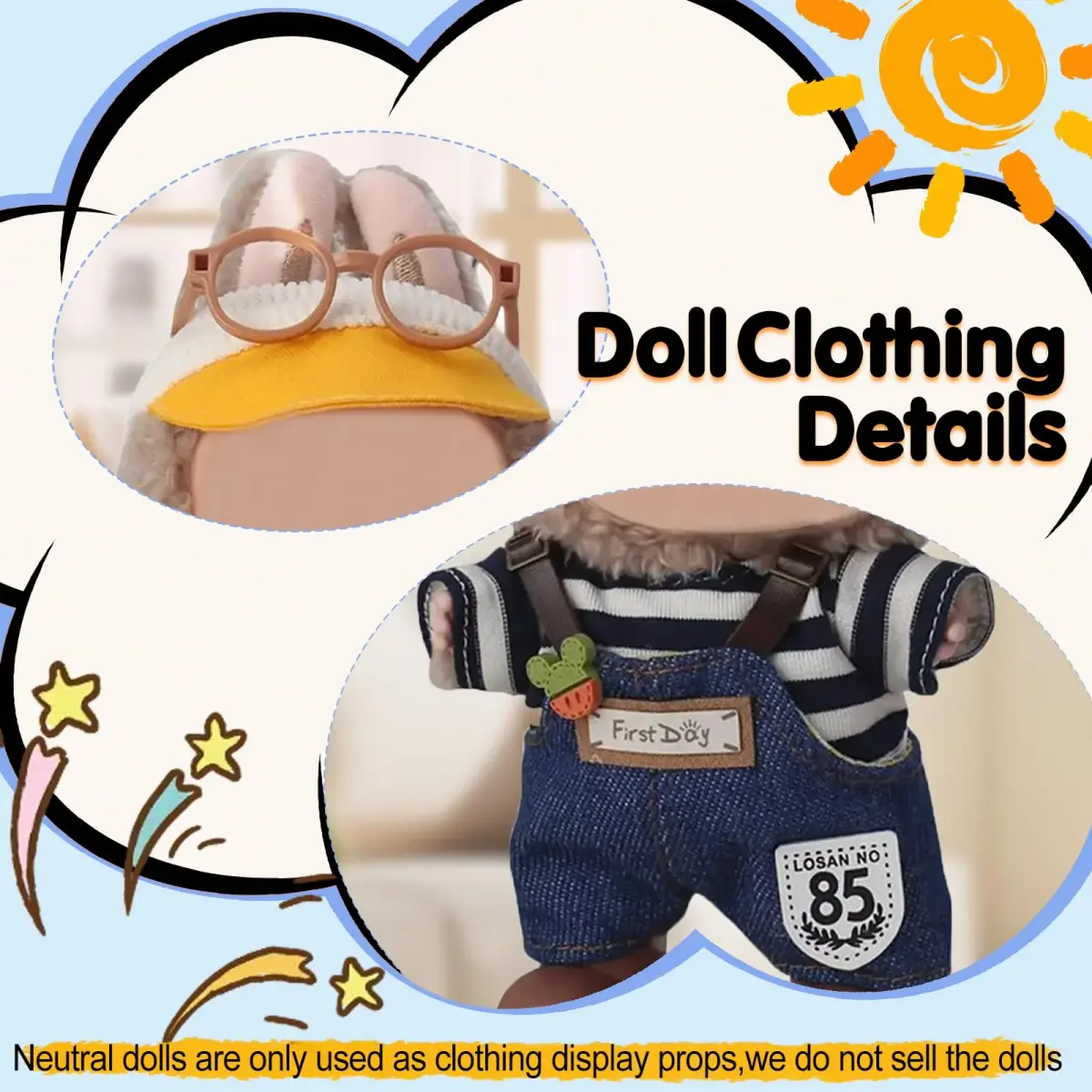 Eyancotoi 17cm Doll Clothes Set with Hat, Glasses, Top, Pants & Shoes | Style 1 (1-Pack) - view 3
