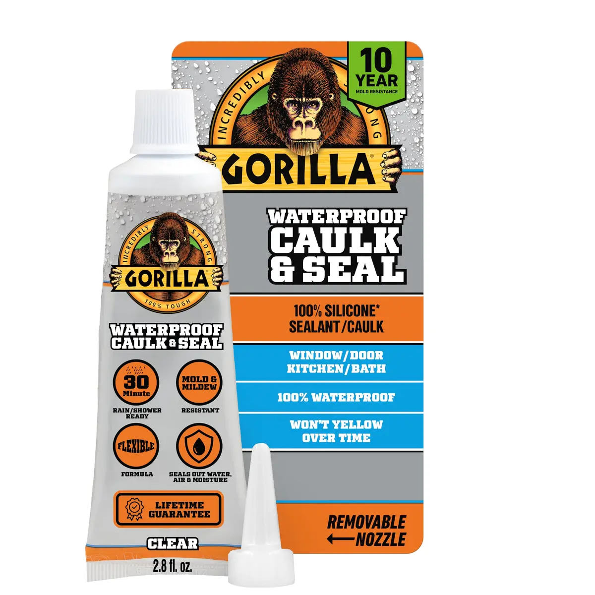 Gorilla 100% Silicone Caulk Waterproof Sealant 2.8oz Clear | Mold & Mildew Resistant, Ready in 30 Min - main product image