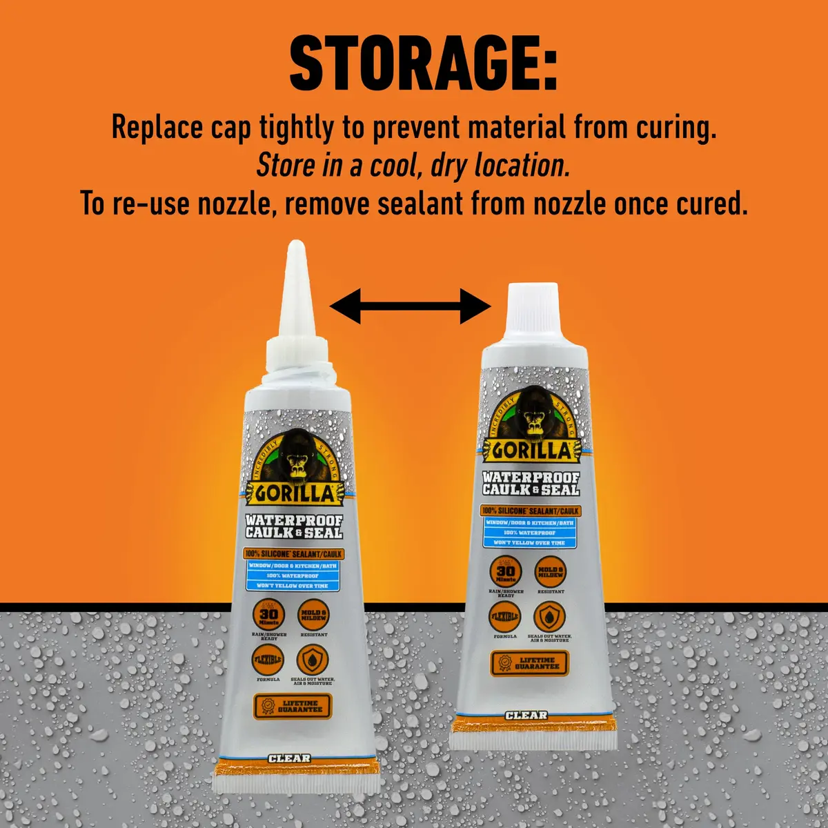 Gorilla 100% Silicone Caulk Waterproof Sealant 2.8oz Clear | Mold & Mildew Resistant, Ready in 30 Min - view 5