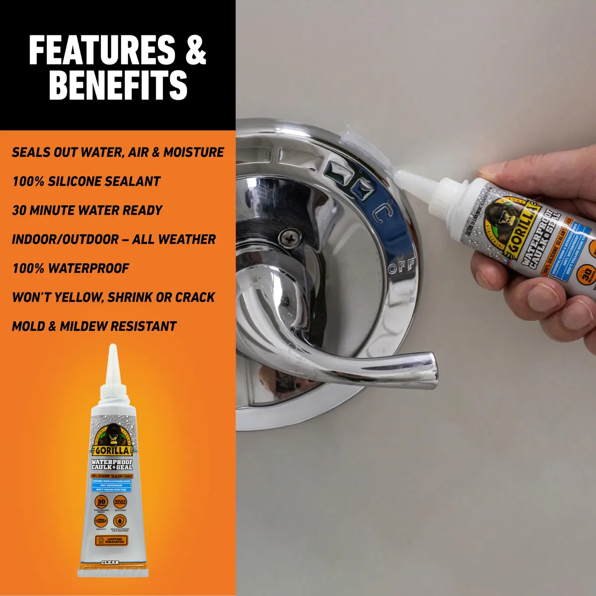 Gorilla 100% Silicone Caulk Waterproof Sealant 2.8oz Clear | Mold & Mildew Resistant, Ready in 30 Min - view 3
