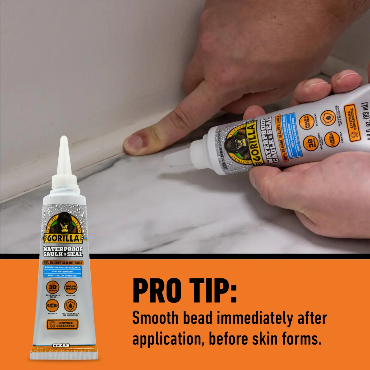 Gorilla 100% Silicone Caulk Waterproof Sealant 2.8oz Clear | Mold & Mildew Resistant, Ready in 30 Min - view 4
