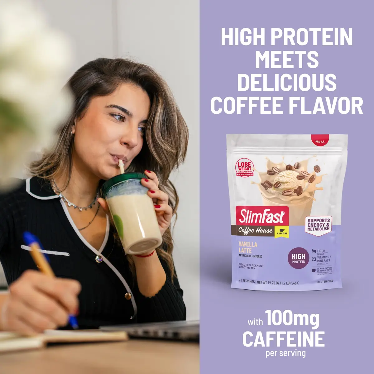 SlimFast High Protein Meal Replacement Powder, Vanilla Latte, 19.25 Oz | Caffeine & Vitamin Blend - view 5