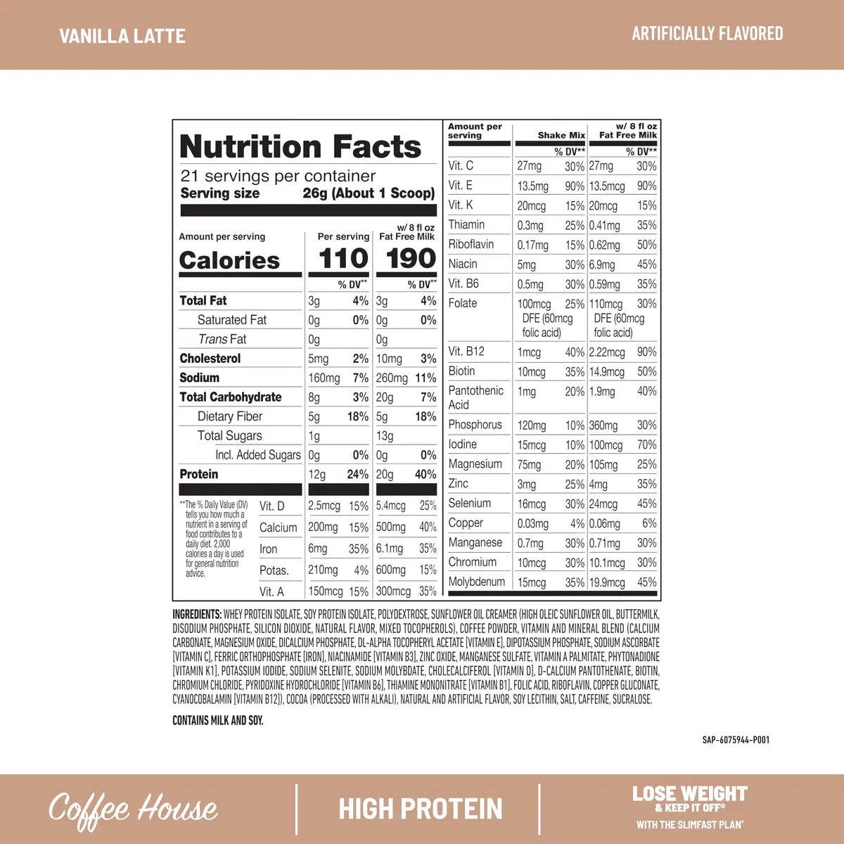SlimFast High Protein Meal Replacement Powder, Vanilla Latte, 19.25 Oz | Caffeine & Vitamin Blend - view 3