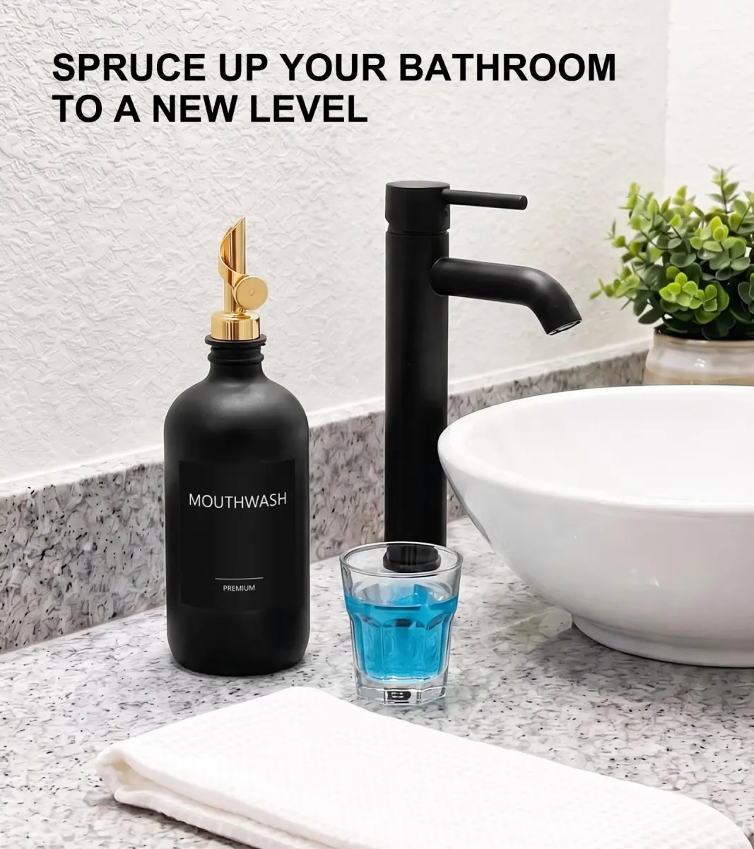 TOLDATLI Black 17oz Glass Mouthwash Dispenser with Cup | Matte Finish, Auto Flip Cap - view 6