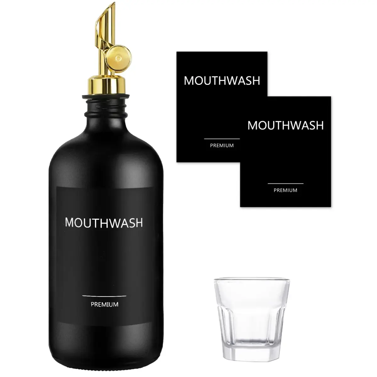 TOLDATLI Black 17oz Glass Mouthwash Dispenser with Cup | Matte Finish, Auto Flip Cap - main product image