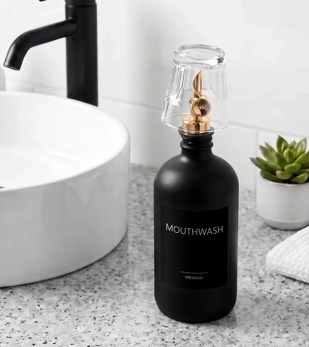 TOLDATLI Black 17oz Glass Mouthwash Dispenser with Cup | Matte Finish, Auto Flip Cap - view 7