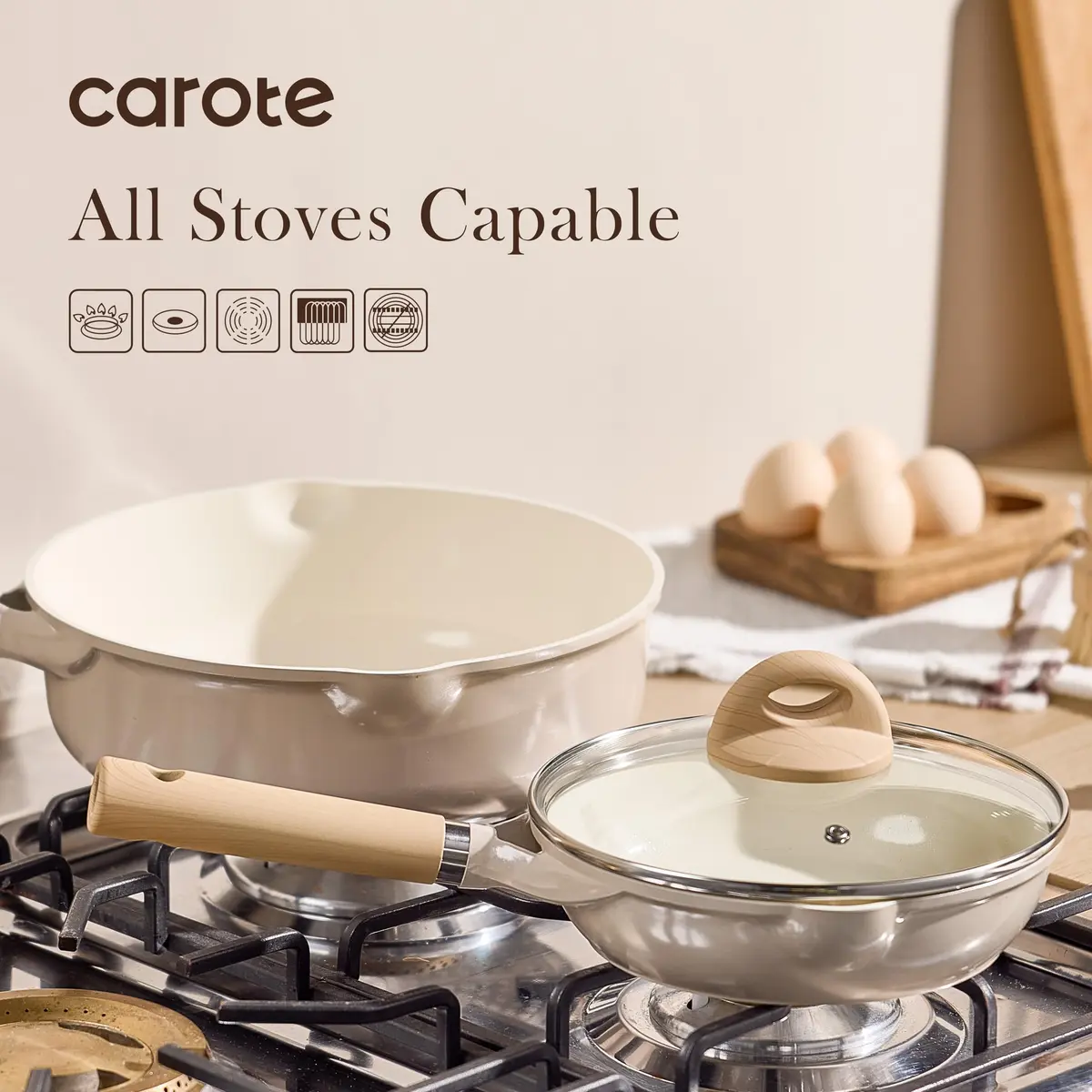 CAROTE 10 inch Ceramic Frying Pan with Lid | 25 cm (10 inch) Diameter, Taupe - view 5