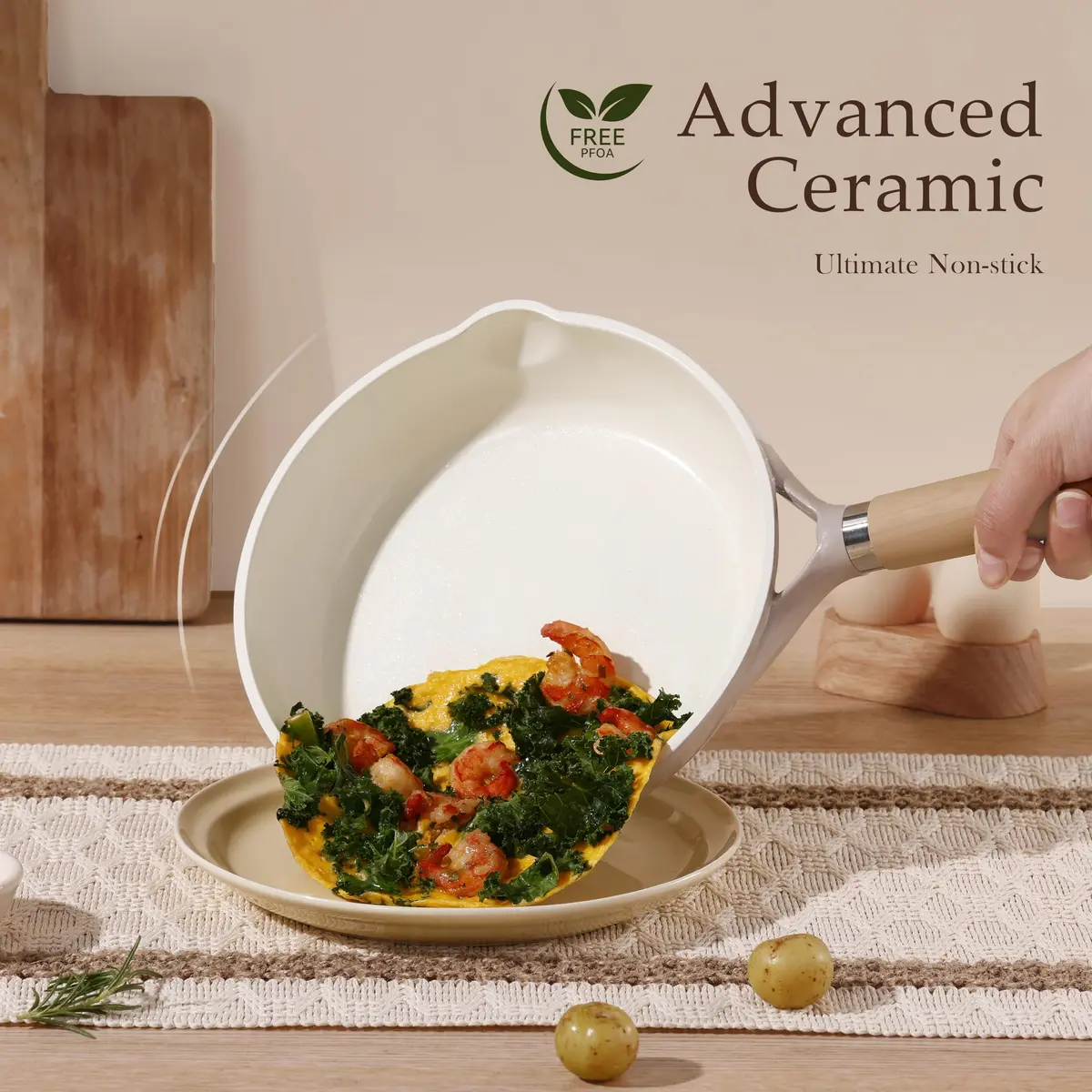 CAROTE 10 inch Ceramic Frying Pan with Lid | 25 cm (10 inch) Diameter, Taupe - view 3