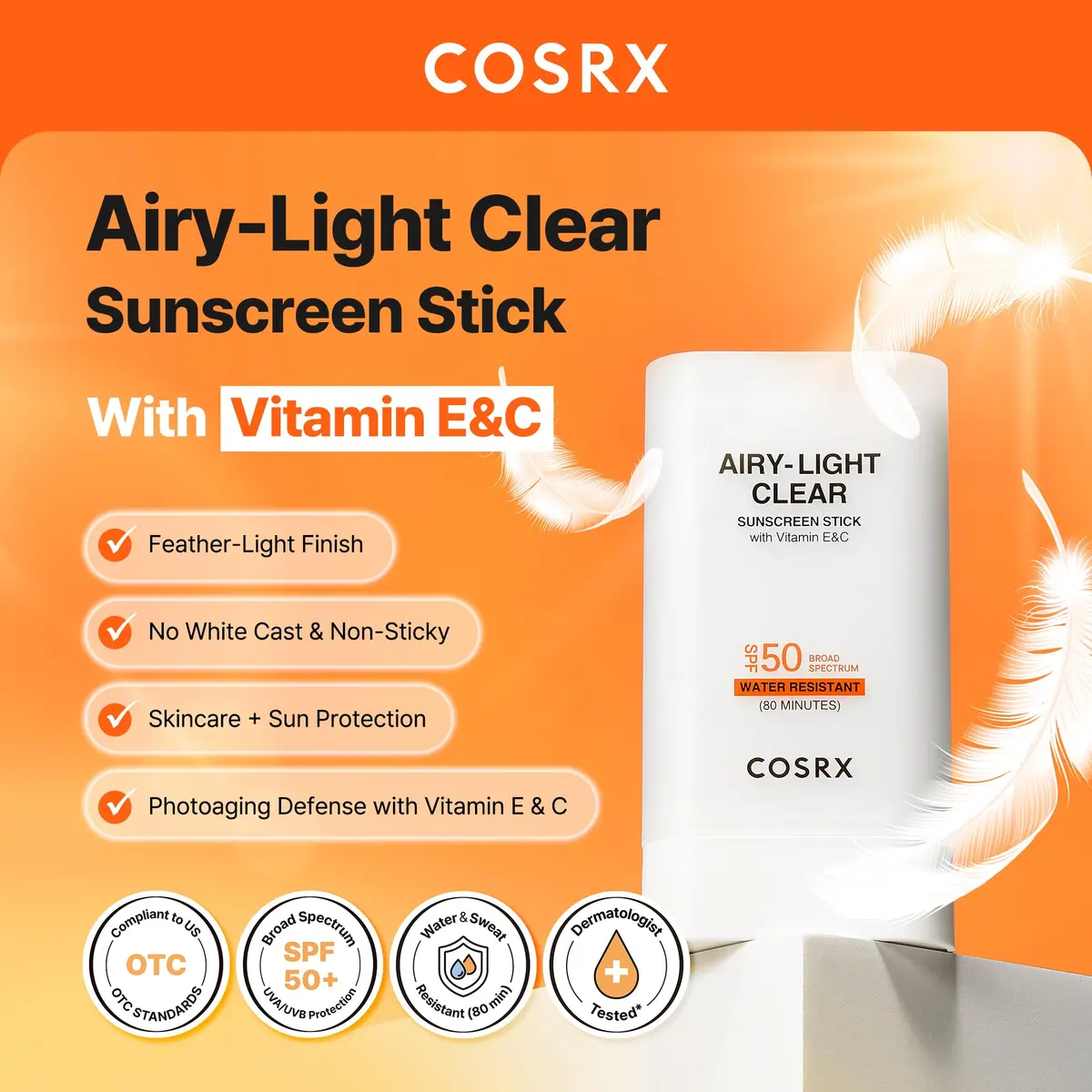 COSRX Airy-Light Clear Sunscreen Stick SPF 50 0.67 oz | Broad Spectrum UV Protection, Matte Finish, No White Cast - view 2