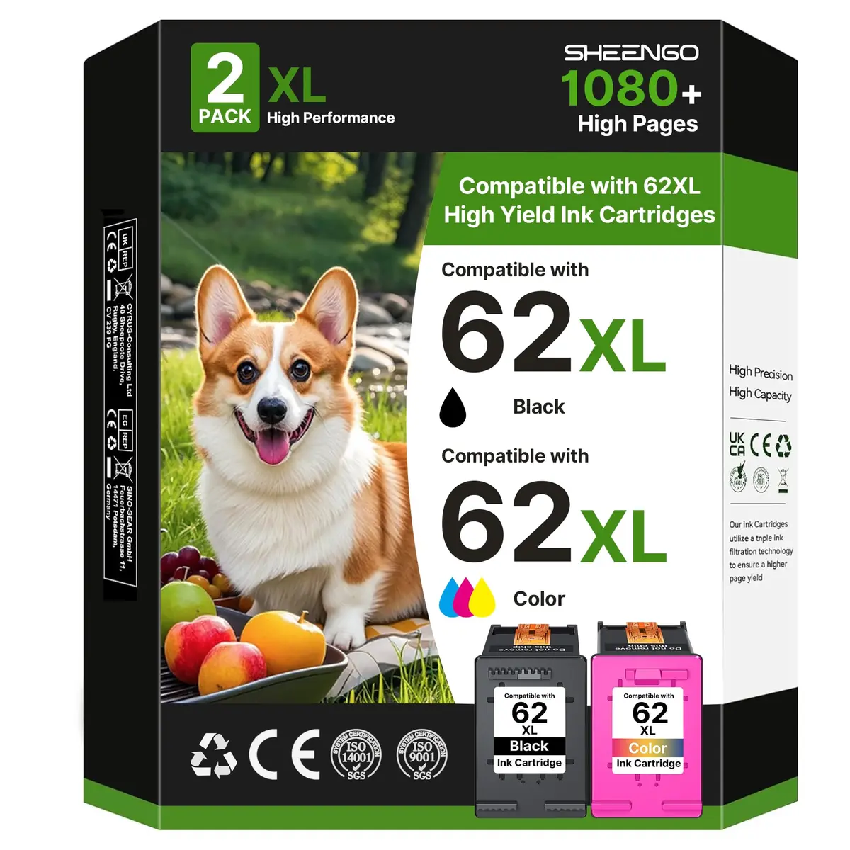 SHEENGO 62XL Ink Cartridges Black and Color | High Yield for HP Envy & OfficeJet Series - main product image
