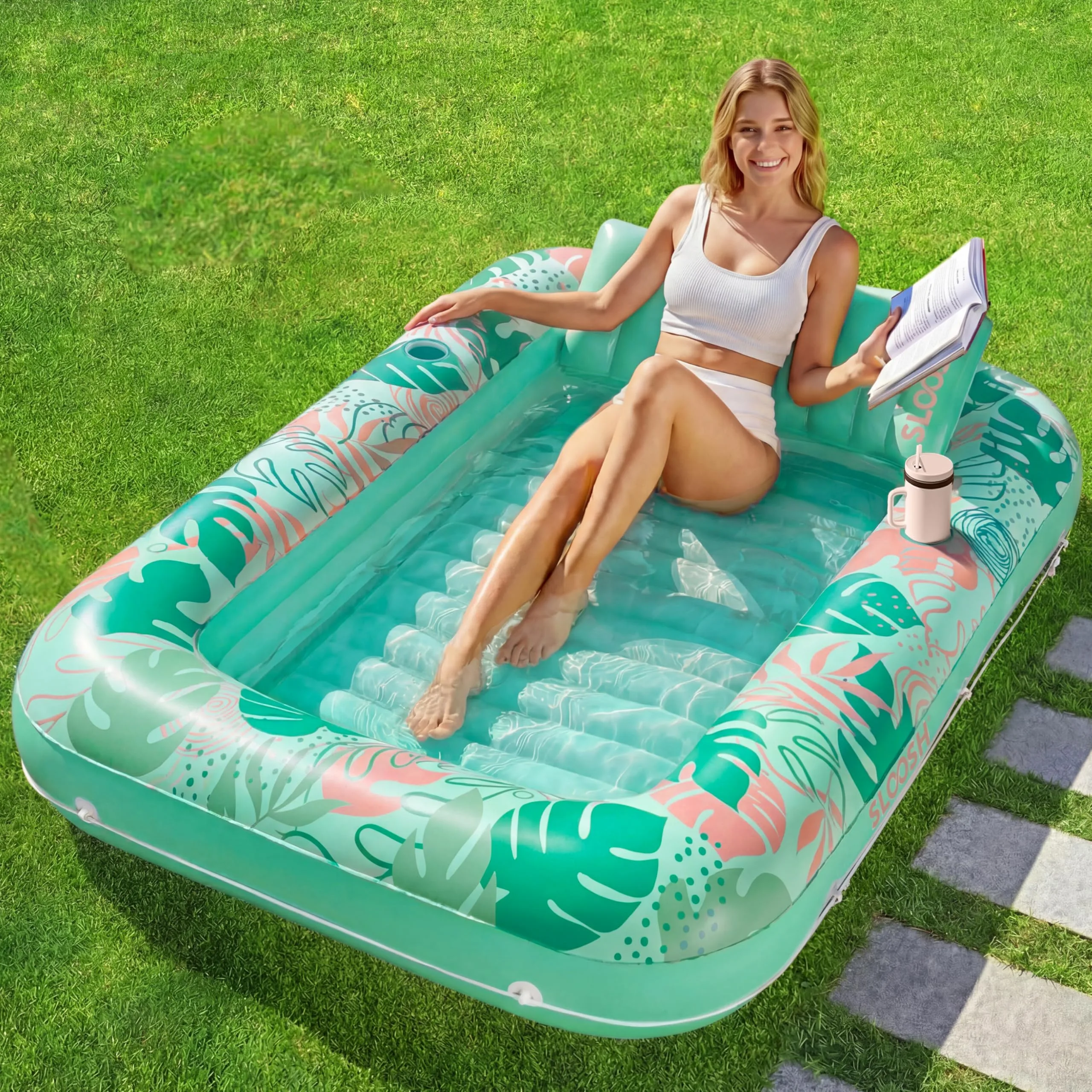 Sloosh Inflatable Tanning Pool Lounger Float with Pillow, Green, Medium to Large | Relaxing Personal Sunbathing Station - main product image