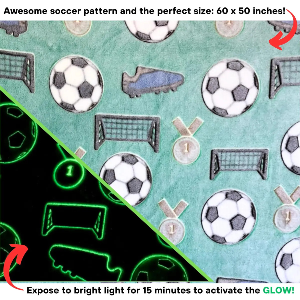 Blanket Buddies Glow in The Dark Soccer Throw Blanket 127cm x 152cm (50" x 60") | Fun Soccer Gift for Boys & Girls - view 3