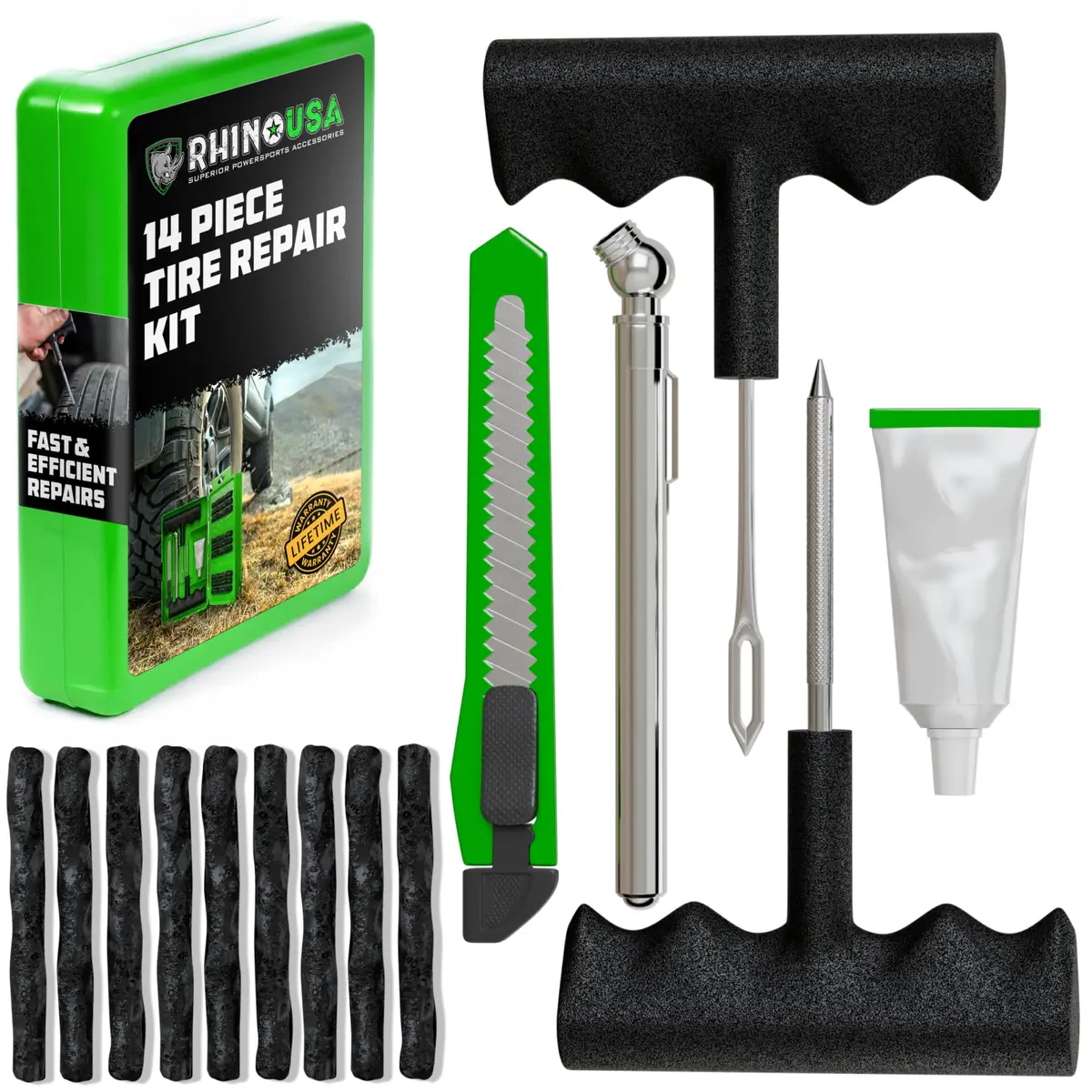 Rhino USA Compact Tire Plug Kit 14-Piece Set | Emergency Flat Tire Repair Tool for Cars, Trucks, Motorcycles - main product image