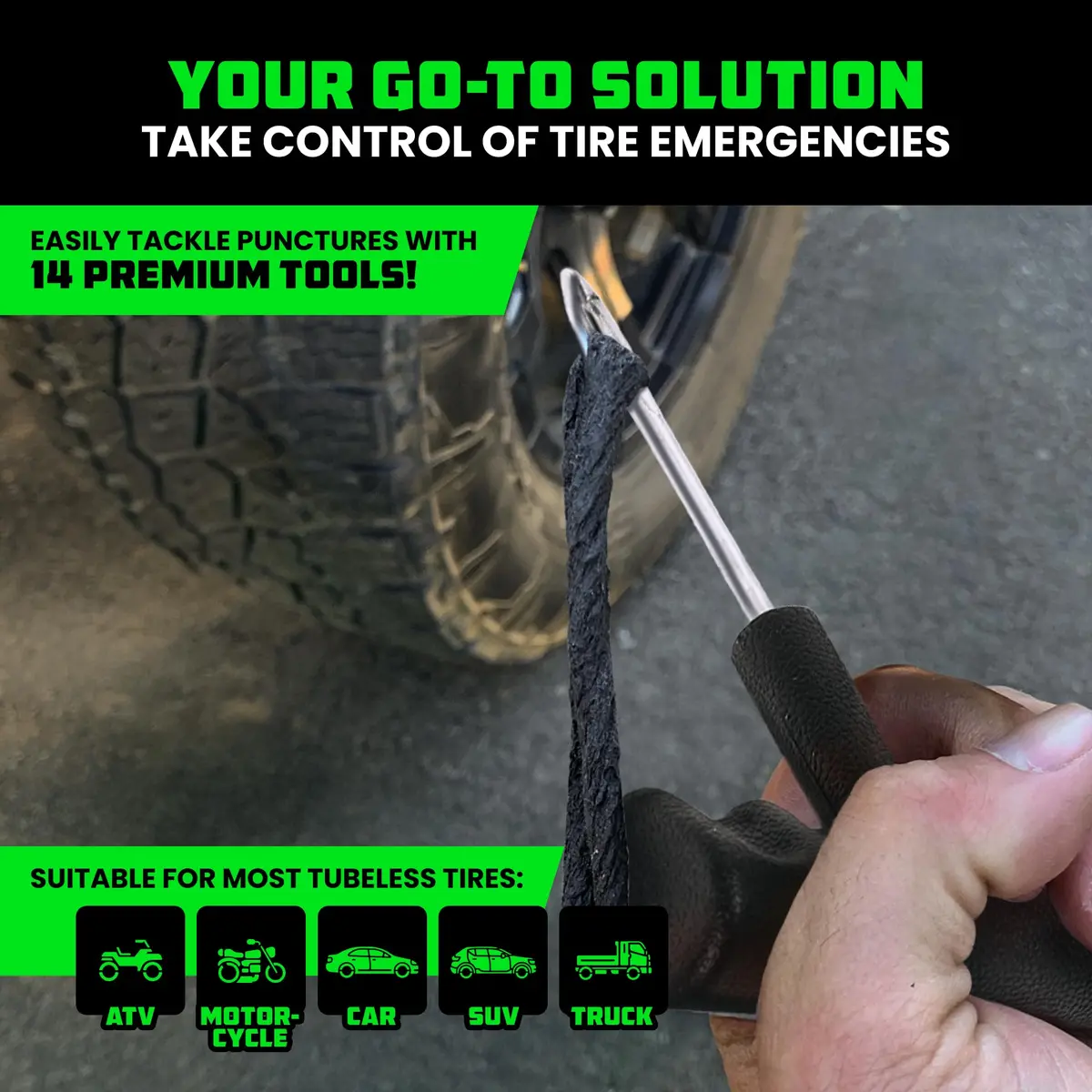 Rhino USA Compact Tire Plug Kit 14-Piece Set | Emergency Flat Tire Repair Tool for Cars, Trucks, Motorcycles - view 4