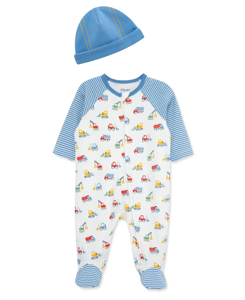 Little Me Baby Boys 100% Cotton Footie and Cap Set, Newborn, Blue Trucks | Ultra-Soft, Snuggle-Approved - main product image