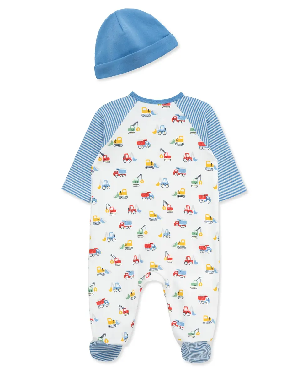 Little Me Baby Boys 100% Cotton Footie and Cap Set, Newborn, Blue Trucks | Ultra-Soft, Snuggle-Approved - view 2