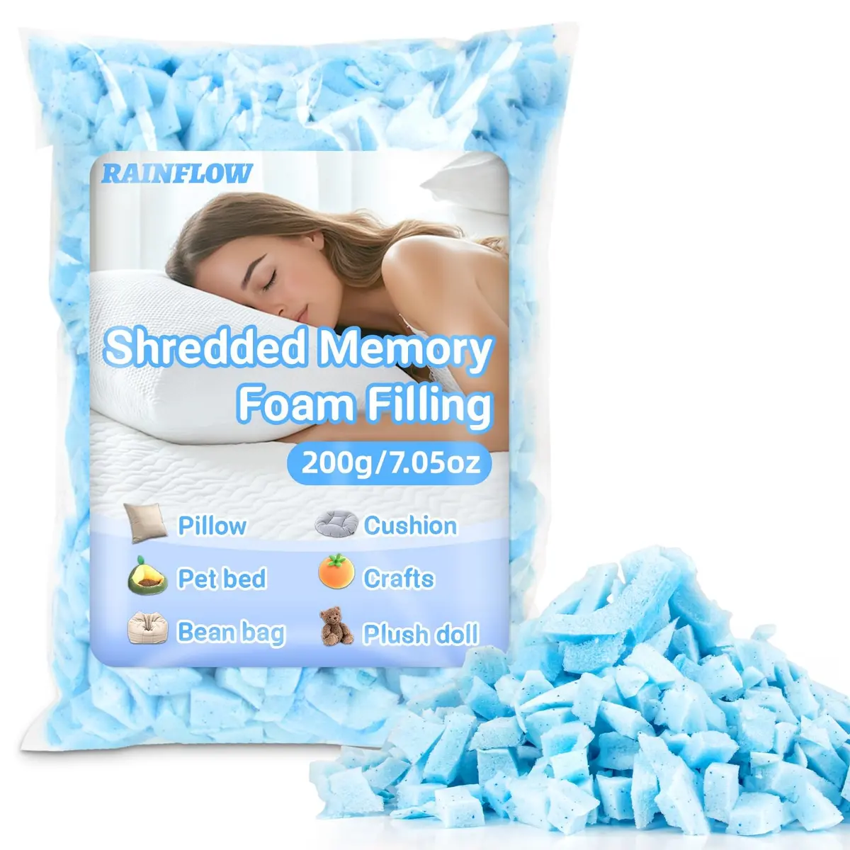 RAINFLOW Shredded Memory Foam Filling 200g (7.05 oz) | Soft, Body-Conforming Refill for Pillows & Bean Bags - main product image