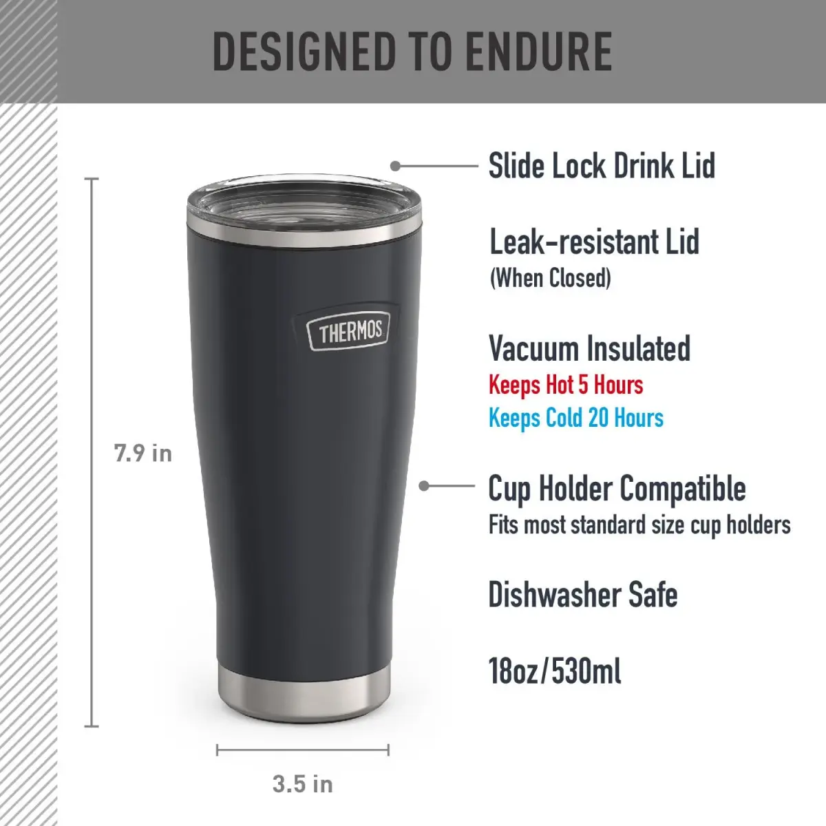 THERMOS Icon Series Stainless Steel Tumbler with Slide Lock 18 Ounce (532ml) Granite | Keeps Drinks Hot or Cold for Hours - view 2