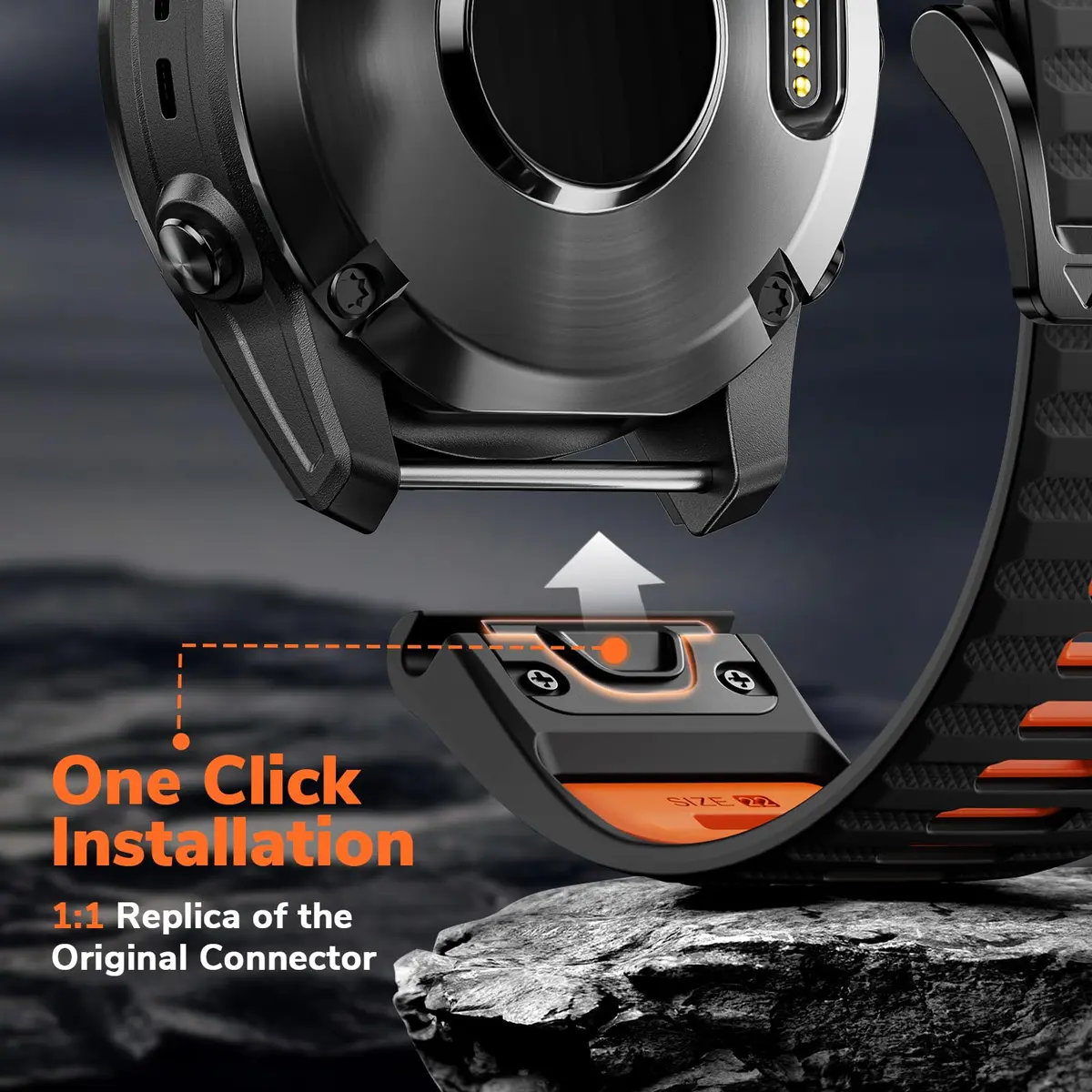 NotoCity 22mm Silicone Watch Band for Garmin Fenix 8/7/6/5 Series 47mm | Black/Orange, Secure Fit - view 4