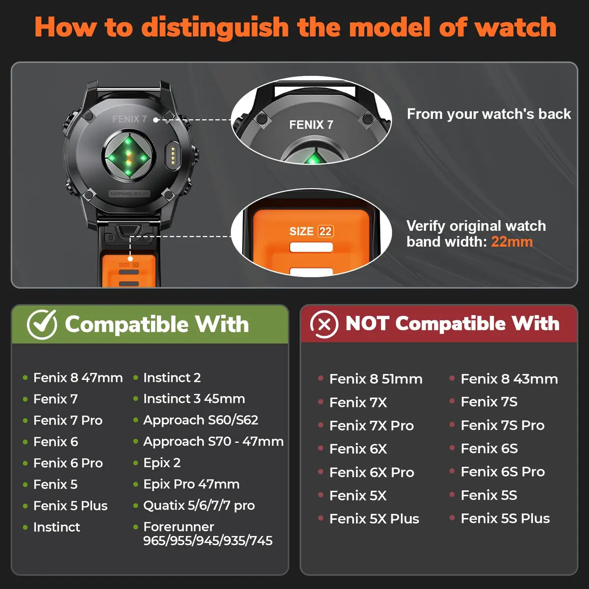 NotoCity 22mm Silicone Watch Band for Garmin Fenix 8/7/6/5 Series 47mm | Black/Orange, Secure Fit - view 7