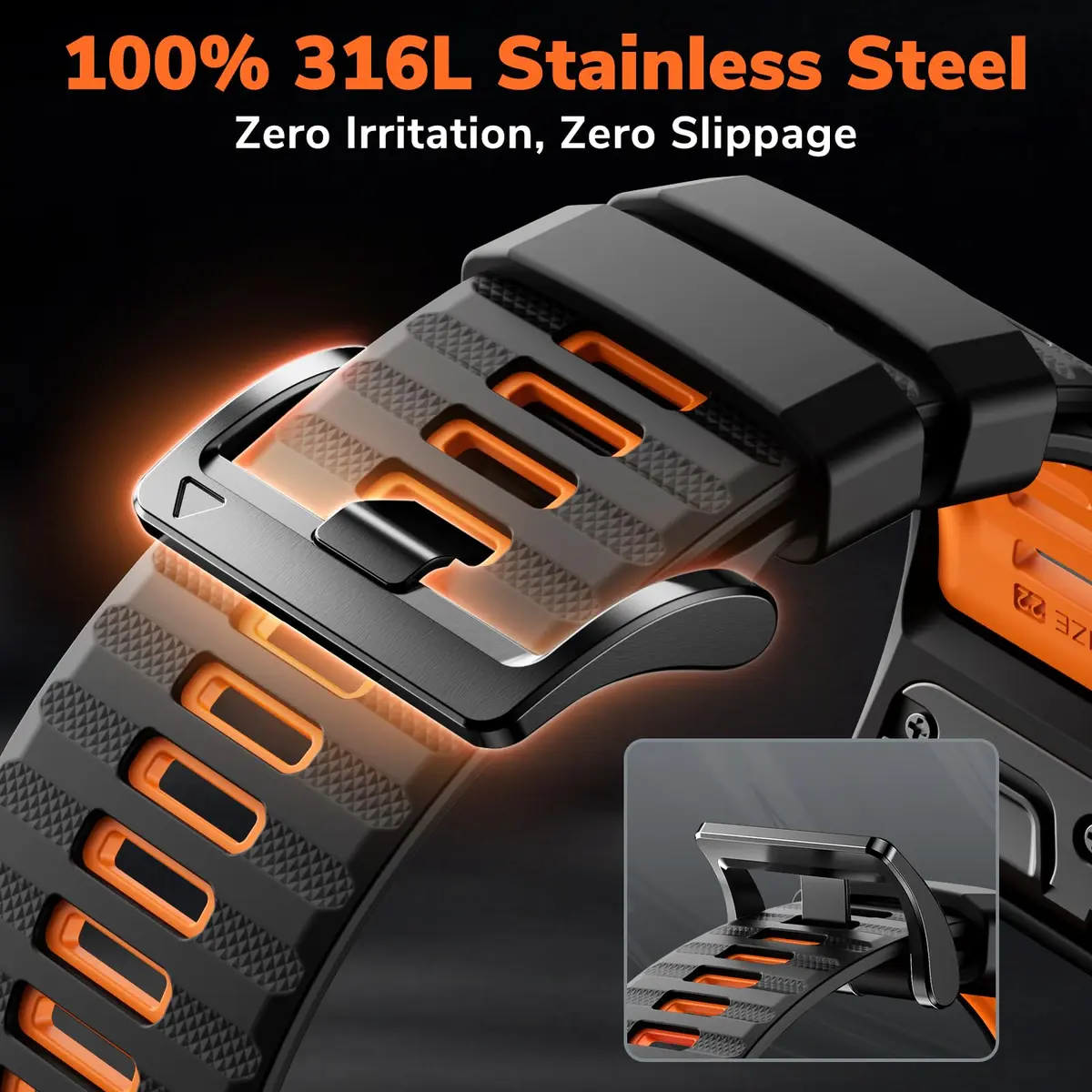 NotoCity 22mm Silicone Watch Band for Garmin Fenix 8/7/6/5 Series 47mm | Black/Orange, Secure Fit - view 2