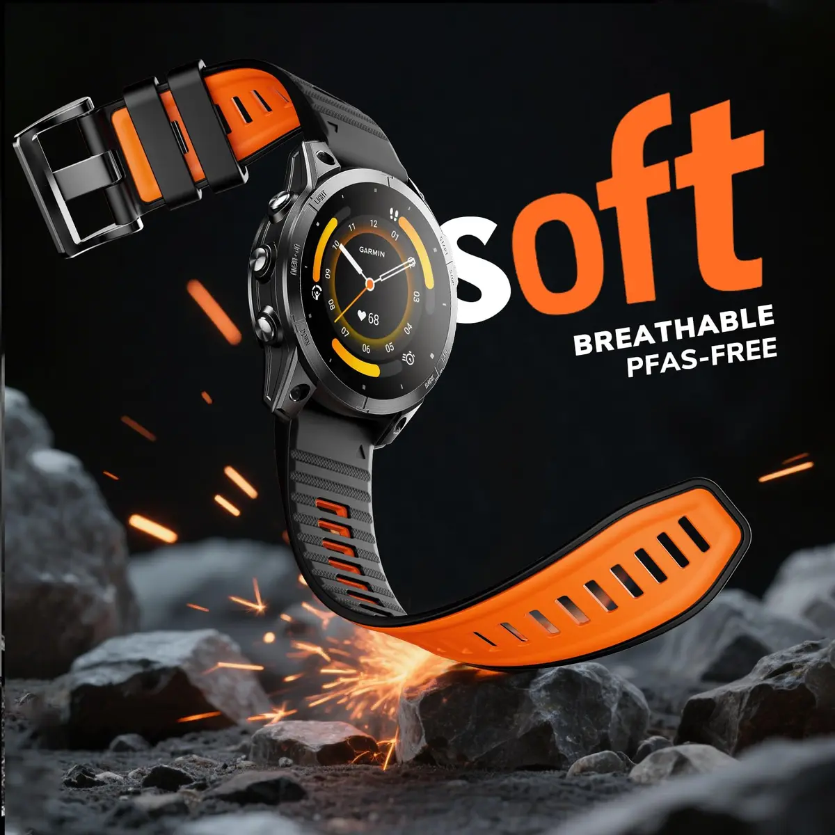 NotoCity 22mm Silicone Watch Band for Garmin Fenix 8/7/6/5 Series 47mm | Black/Orange, Secure Fit - view 3