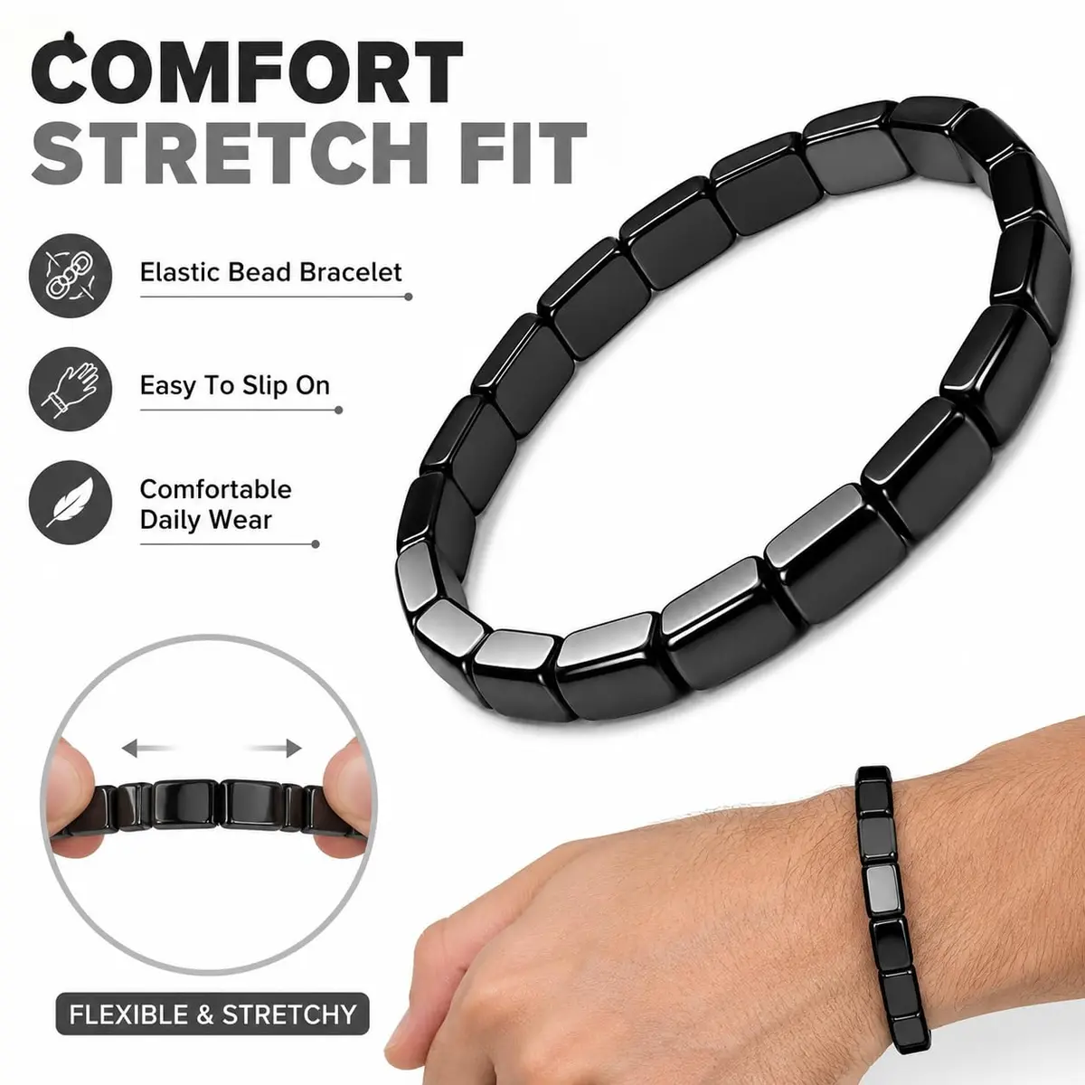DivaGlamz Hematite Bracelet for Men | Natural Hematite Beaded Stretch Healing Jewelry - view 3