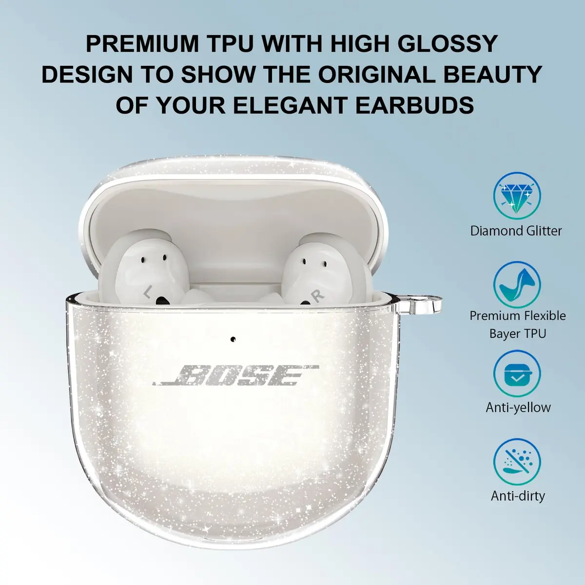 Aircawin Case for Bose QuietComfort Earbuds II & Ultra 2022/2023 | Clear Glitter TPU Cover - view 2