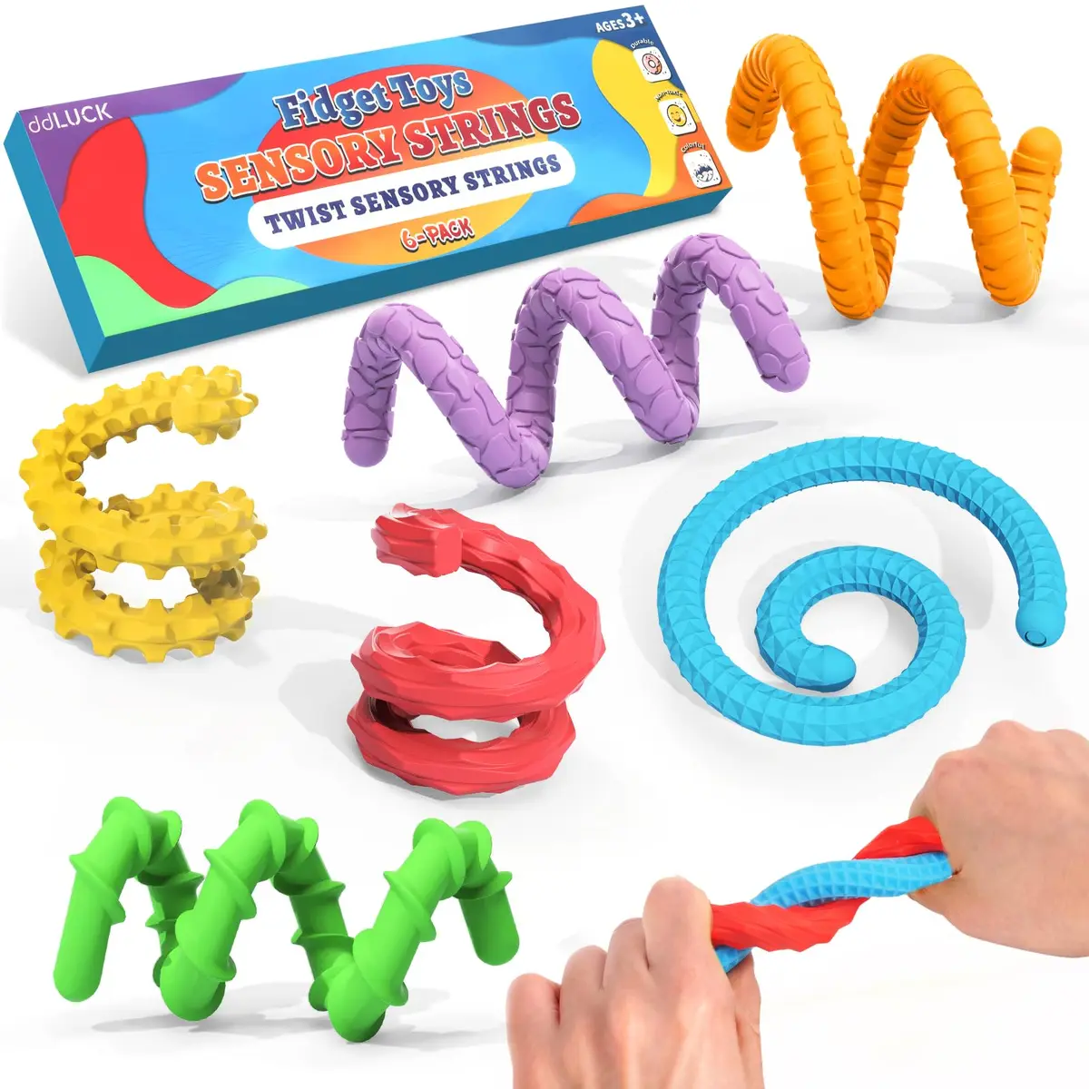 ddLUCK Textured Silicone Sensory Fidget Sticks 6 Pack | Calming, Portable & Easy to Clean - main product image